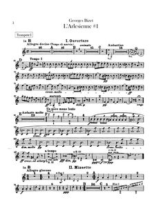 Partition trompette 1, 2, 3, 4 (B♭, A), L Arlésienne  No.1, Bizet, Georges