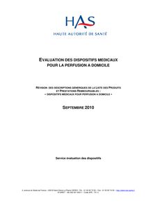 Evaluation des dispositifs médicaux pour la Perfusion à Domicile - PERFUSION A DOMICILE 14 septembre 2010 (1309) rapport
