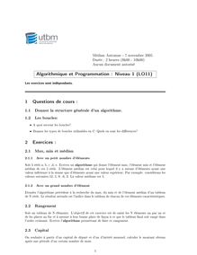 Algorithmique et programmation : niveau I 2005 Tronc Commun Université de Technologie de Belfort Montbéliard