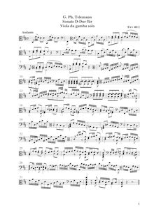 Partition complète, Sonata pour viole de gambe, D major, Telemann, Georg Philipp
