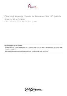 Elisabeth Labrousse, L entrés de Saturne au Lion. L Eclipse de Soleil du 12 août 1654  ; n°1 ; vol.33, pg 85-87