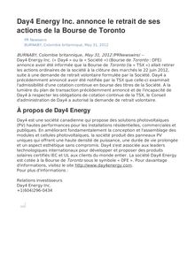 Day4 Energy Inc. annonce le retrait de ses actions de la Bourse de Toronto