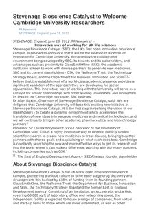 Stevenage Bioscience Catalyst to Welcome Cambridge University Researchers