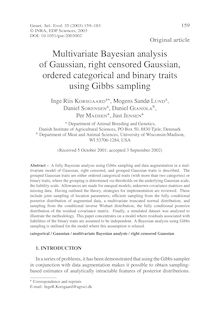 Multivariate Bayesian analysis of Gaussian, right censored Gaussian, ordered categorical and binary traits using Gibbs sampling