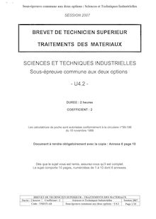 Sciences techniques industrielles 2007 BTS Traitement des matériaux