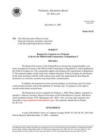 Request for Comment on a Proposal to Revise the Official Staff  Commentary to Regulation Z - District