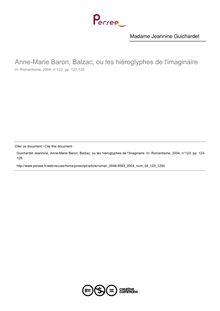 Anne-Marie Baron, Balzac, ou les hiéroglyphes de l imaginaire  ; n°123 ; vol.34, pg 123-125