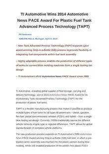 TI Automotive Wins 2014 Automotive News PACE Award For Plastic Fuel Tank Advanced Process Technology (TAPT)