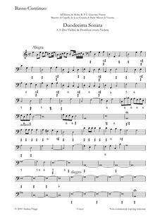 Partition Continuo, Duodecima Sonata A , Doi Violini, & Trombon overo Violeta
