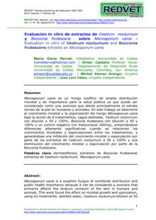 Evaluación in vitro de extractos de Cestrum  nocturnum y Bocconia frutescens  sobre Microsporum canis - Evaluation in vitro of Cestrum nocturnum and Bocconia frutescens extracts on Microsporum canis