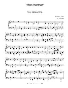Partition 10, Veni Redemptor, pour Mulliner Book, Keyboard: organ or harpsichord
