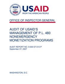  Audit of USAID’s Management of P.L. 480 Nonemergency Monetization Program