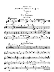 Partition trompette 1, 2 (en E, F), Peer Gynt  No.2 Op.55, Grieg, Edvard