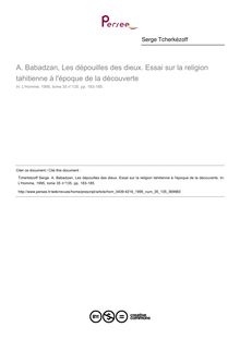 A. Babadzan, Les dépouilles des dieux. Essai sur la religion tahitienne à l époque de la découverte  ; n°135 ; vol.35, pg 183-185
