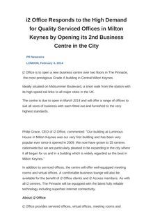 i2 Office Responds to the High Demand for Quality Serviced Offices in Milton Keynes by Opening its 2nd Business Centre in the City