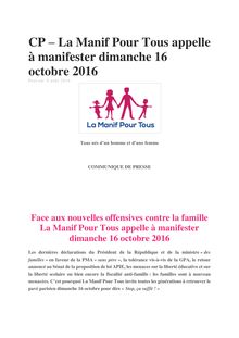 CP – La Manif Pour Tous appelle à manifester dimanche 16 octobre 2016