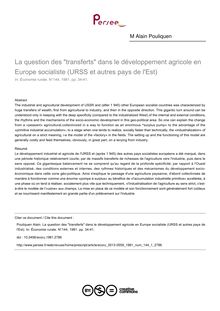 La question des transferts dans le développement agricole en Europe socialiste (URSS et autres pays de l Est) - article ; n°1 ; vol.144, pg 34-41