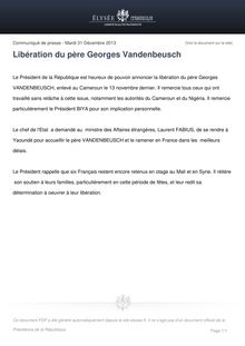 Communiqué de l Elysée suite à la Libération du père Georges Vandenbeusch
