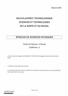 Sciences physiques et chimiques 2010 S.T.2.S (Sciences et technologies de la santé et du social) Baccalauréat technologique