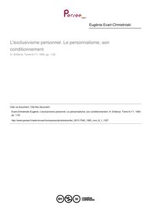 L exclusivisme personnel. Le personnalisme, son conditionnement - article ; n°1 ; vol.8, pg 1-32