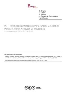 — Psychologie pathologique : Par C. Engels, G. Lelord, R. Perron, H. Piéron, N. Rausch De Traubenberg - compte-rendu ; n°1 ; vol.59, pg 281-290