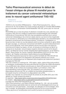 Taiho Pharmaceutical annonce le début de l essai clinique de phase III mondial pour le traitement du cancer colorectal métastatique avec le nouvel agent antitumoral TAS-102