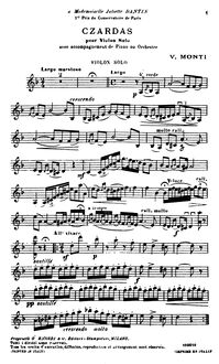 Partition violon solo, Csárdás, Czardas, Monti, Vittorio
