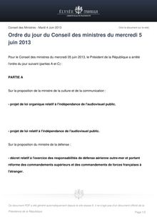 Ordre du jour du Conseil des ministres du mercredi 5 juin 2013