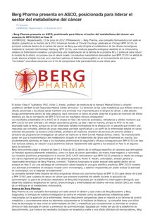Berg Pharma presenta en ASCO, posicionada para liderar el sector del metabolismo del cáncer