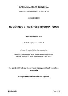 Bac 2022 - Numérique et Sciences informatiques