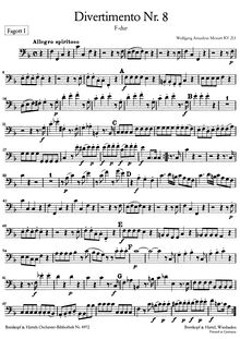 Partition basson 1, Divertimento, Divertimento No.8, F major, Mozart, Wolfgang Amadeus