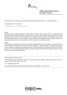Aversion au risque et décisions de production: l agriculture irriguée en Tunisie - article ; n°1 ; vol.266, pg 91-108