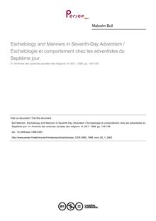 Eschatology and Manners in Seventh-Day Adventism / Eschatologie et comportement chez les adventistes du Septième jour. - article ; n°1 ; vol.65, pg 145-159