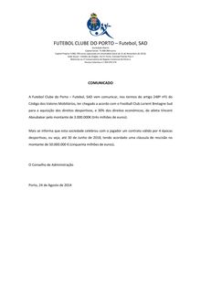 Communiqué du FC Porto relatif au transfert de Vincent Aboubakar