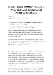 immatics Closes €34 Million Financing to Complete Phase 3 Development of IMA901 for Renal Cancer