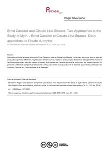 Ernst Cassirer and Claude Lévi-Strauss. Two Approaches to the Study of Myth. / Ernst Cassirer et Claude Lévi-Strauss. Deux approches de l étude du mythe - article ; n°1 ; vol.41, pg 25-36