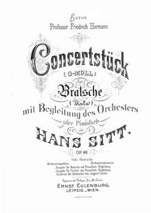 Partition viole de gambe solo, Konzertstück G-moll für Bratsche (viole de gambe) mit Begleitung des Orchesters oder Pianoforte, Op.46