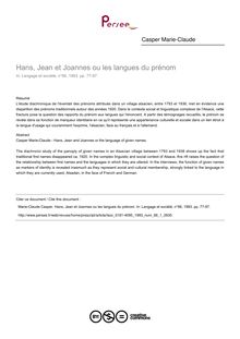Hans, Jean et Joannes ou les langues du prénom - article ; n°1 ; vol.66, pg 77-97