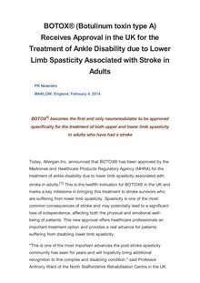 BOTOX® (Botulinum toxin type A) Receives Approval in the UK for the Treatment of Ankle Disability due to Lower Limb Spasticity Associated with Stroke in Adults