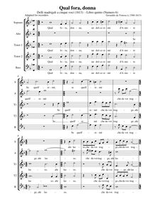 Partition Qual fora, donna - partition complète (alto notation), Madrigali A Cinque Voci [Libro Quinto]