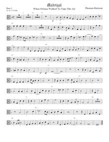 Partition viole de basse 1, alto clef, pour First Set of anglais Madrigales to 3, 4, 5 et 6 voix par Thomas Bateson