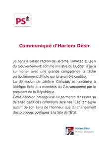 Communiqué de presse d Harlem Désir: Réaction à la démission de Jérôme Cahuzac