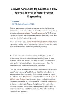 Elsevier Announces the Launch of a New Journal: Journal of Water Process Engineering