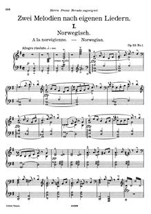 Partition complète (filter), 2 Melodies Op.53, Grieg, Edvard