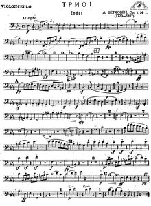 Partition de violoncelle, Piano Trio No.1, E♭ major, Beethoven, Ludwig van