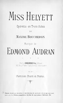 Partition complète, Miss Helyett, Opérette en trois actes, Audran, Edmond