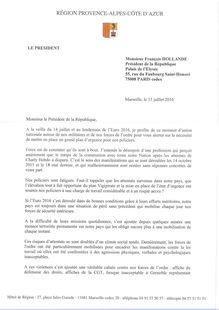 Lettre de Christian Estrosi à François Hollande, envoyée la veille de l attentat de Nice