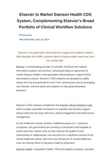 Elsevier to Market Stanson Health CDS System, Complementing Elsevier s Broad Portfolio of Clinical Workflow Solutions