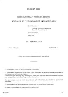 Mathématiques options A et F 2009 S.T.I (Génie Energétique) Baccalauréat technologique