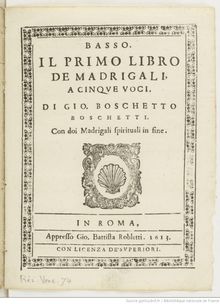 Partition Basso, Il primo libro de Madrigali a cinque voci, Boschetti, Giovanni Boschetto